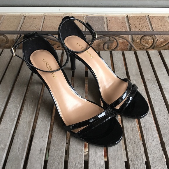 shiny black strappy heels